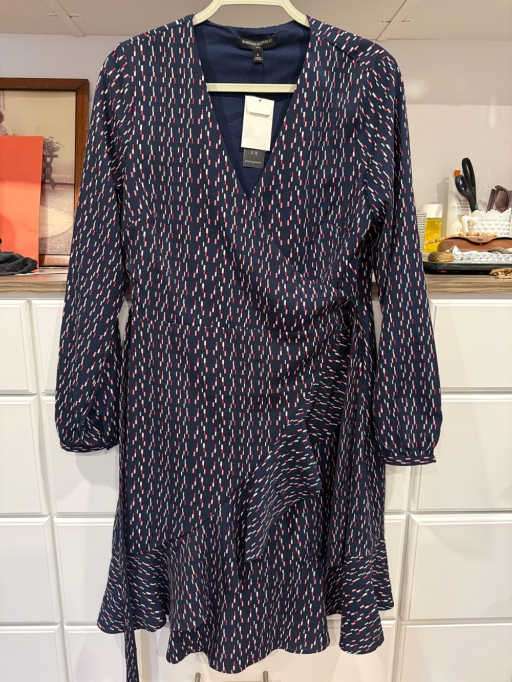 Banana Republic Navy Long Sleeve Wrap Dress with Pink Dash Print